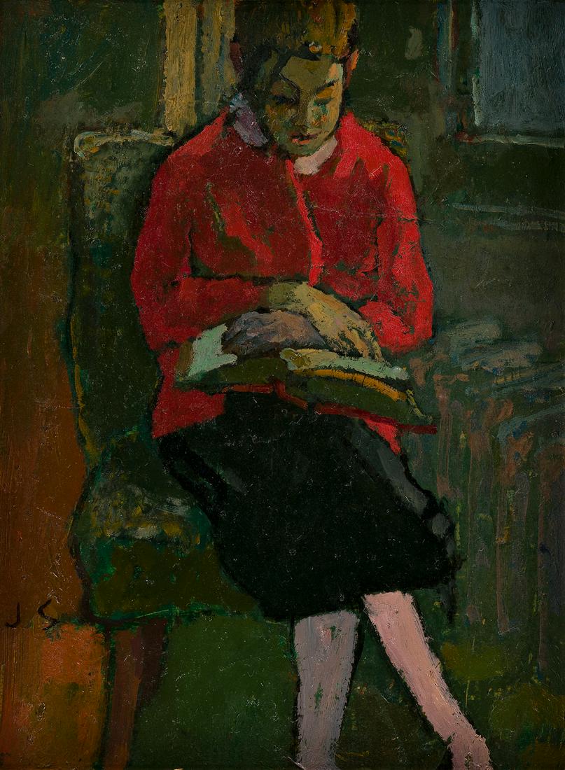 JOSEPH SOLMAN Girl in a Red Sweater.: JOSEPH SOLMAN Girl in a Red Sweater. Oil on artist's board, circa 1940. 305x228 mm; 12x9 inches. Initialed in oil, lower left recto, and signed and titled in black crayon, verso.Ex-collection private