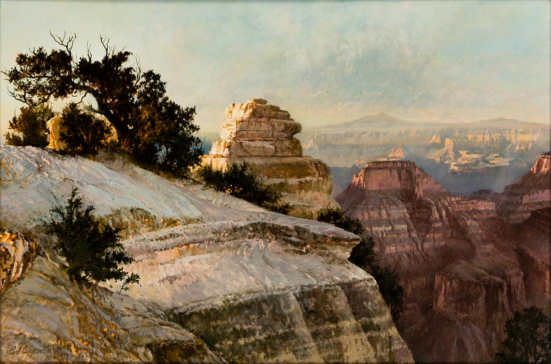 EARL CARPENTER Sunrise on Bright Angel Trail, Grand: EARL CARPENTER Sunrise on Bright Angel Trail, Grand Canyon, Arizona. Oil on masonite, 1979. 609x914 mm; 24x36 inches. Signed and dated in oil, lower left recto.Sold Bonham's, San Francisco, July 20, 2