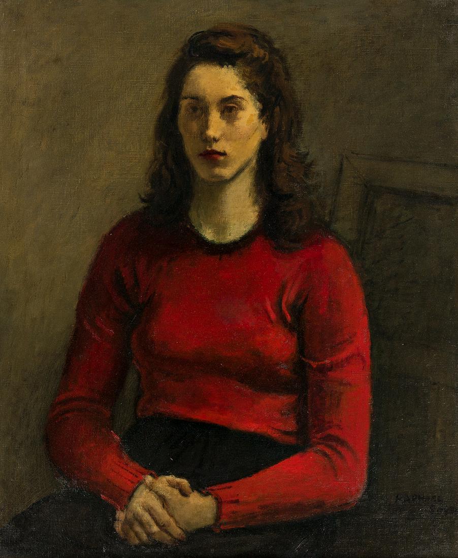 RAPHAEL SOYER Portrait of a Woman in a Red Sweater: RAPHAEL SOYER Portrait of a Woman in a Red Sweater (Cynthia). Oil on canvas, circa 1960. 760x635 mm; 30x25 inches. Signed in oil, lower right recto.Ex-collection private collection, New York.Cynthia B