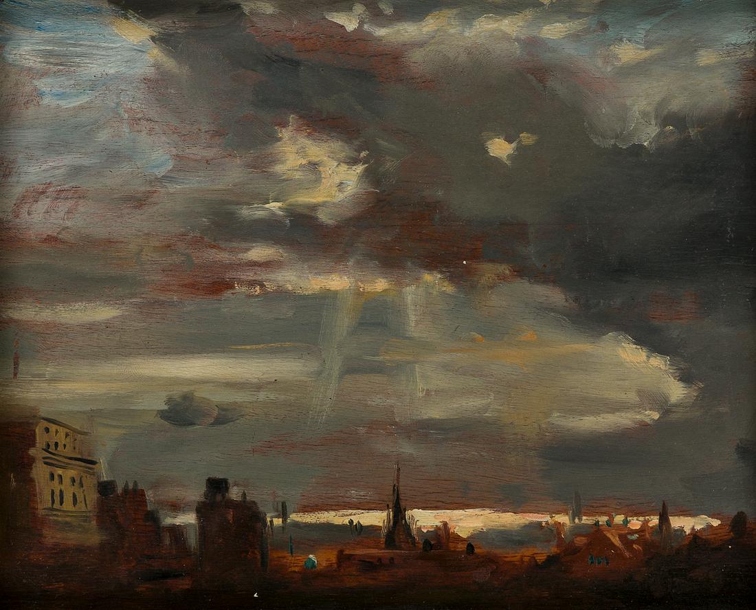 DAVID LEVINE Storm Over Prospect Heights.: DAVID LEVINE Storm Over Prospect Heights. Oil on wood panel, circa 1960. 200x250 mm; 7x9