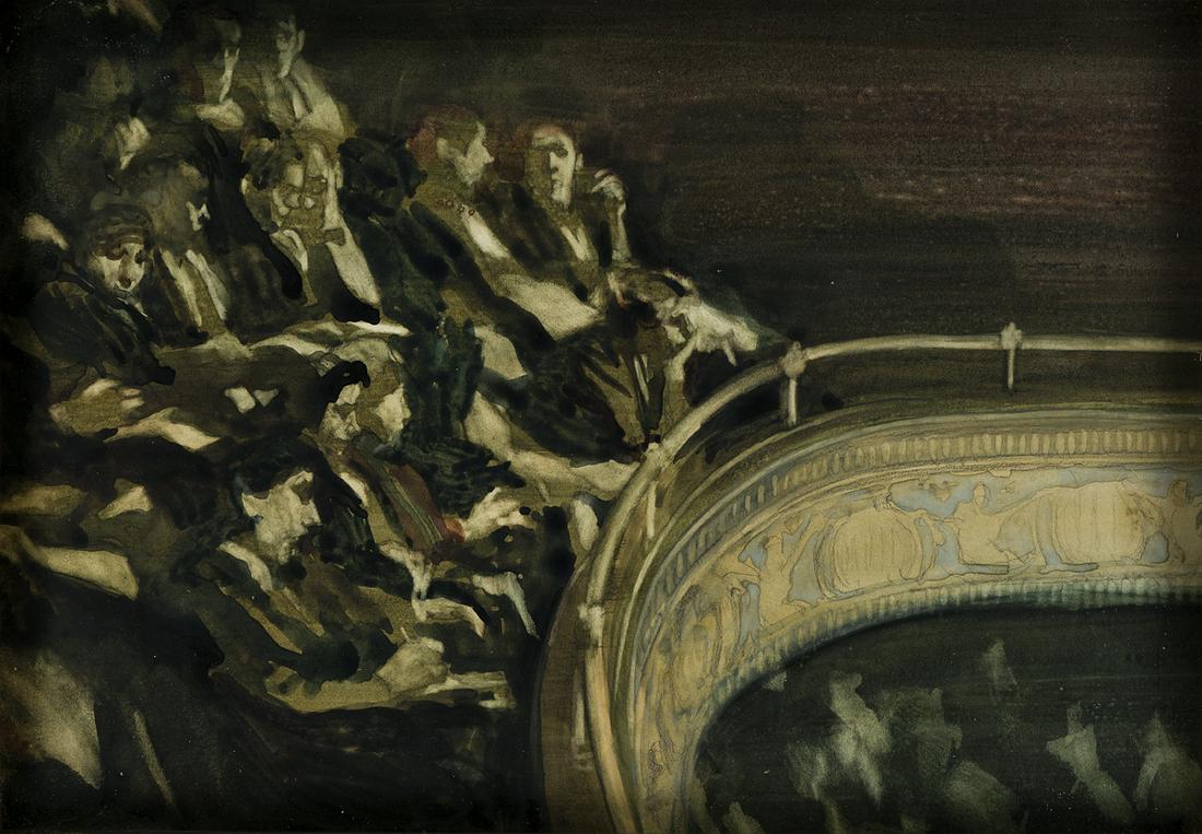 DAVID LEVINE Between Acts.: DAVID LEVINE Between Acts. Watercolor and gouache on paper, 1980. 280x393 mm; 11x15½ inches. Signed and dated in pencil, lower left recto.Ex-collection Galerie Claude Bernard, Paris, with the lab