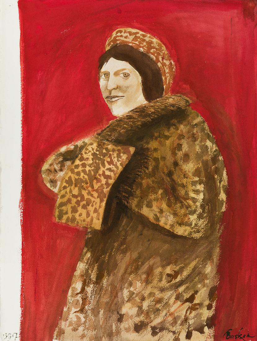 LEONARD BASKIN Woman in a Fur Coat, Muff and Hat.: LEONARD BASKIN Woman in a Fur Coat, Muff and Hat. Watercolor on paper, 1997. 760x570 mm; 30x22½ inches. Signed in watercolor, lower right recto, and dated in watercolor, lower left recto.Sold But