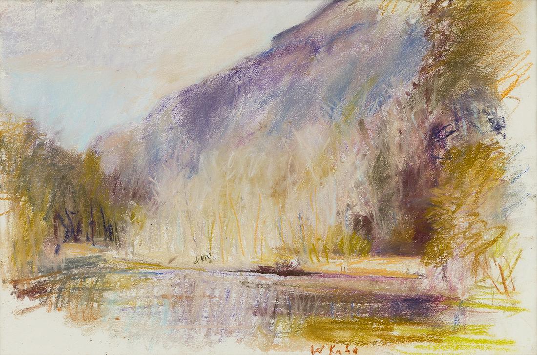 WOLF KAHN The Merced, Looking Upriver, Yosemite.: WOLF KAHN The Merced, Looking Upriver, Yosemite. Color pastels on paper, 1993. 311x460 mm; 12x18 inches. Signed in pastel, lower right recto.Ex-collection Beadleston Gallery, New York; private collect