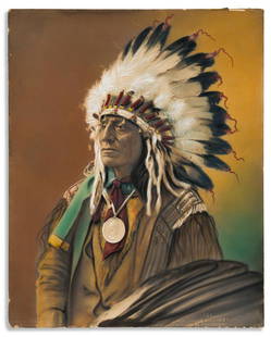 (AMERICAN INDIANS--PHOTOGRAPHS.) John Alvin Anderson.: (AMERICAN INDIANS--PHOTOGRAPHS.) John Alvin Anderson. Chief Stands and Looks Back. Hand-colored photograph, 20 x16 inches, mounted on contemporary plain board; minor edge wear; captioned, numbered