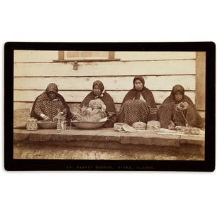 (AMERICAN INDIANS--PHOTOGRAPHS.) Edward de Groff. Group: (AMERICAN INDIANS--PHOTOGRAPHS.) Edward de Groff. Group of 3 promenade cards of Alaskan scenes. Albumen prints, 4¼ x 7½ inches, on photographer's black mounts with captions on mounts recto;