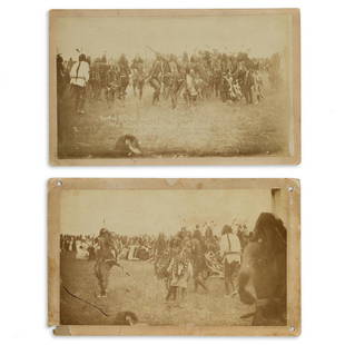 (AMERICAN INDIANS--PHOTOGRAPHS.) [George E. Trager].: (AMERICAN INDIANS--PHOTOGRAPHS.) [George E. Trager]. Pair of promenade cards of the Ghost Dance at Pine Ridge. Albumen prints, each about 4 x 7 inches, on original mounts, one with photographer's