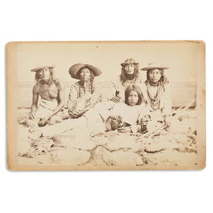 (AMERICAN INDIANS--PHOTOGRAPHS.) Cabinet card of 5: (AMERICAN INDIANS--PHOTOGRAPHS.) Cabinet card of 5 Seris from Tiburón Island in Mexico. Albumen photograph, 4 x 5½ inches, on original plain mount, captioned "Group of Ceris" on verso with