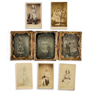 (AMERICAN INDIANS--PHOTOGRAPHS.) Group of 8 photographs: (AMERICAN INDIANS--PHOTOGRAPHS.) Group of 8 photographs of a performing troupe in New York and Canada. 3 quarter-plate ambrotypes and 5 cartes-de-visite; condition generally strong. Vp, circa 1870s 