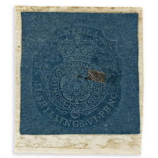 (AMERICAN REVOLUTION--PRELUDE.) Stamp from the Stamp: THE LITTLE PIECE OF PAPER WHICH STARTED IT ALL (AMERICAN REVOLUTION--PRELUDE.) Stamp from the Stamp Act of 1765. Embossed stamp on blue-gray paper reading "II Shillings VI Pence," 1½ inches