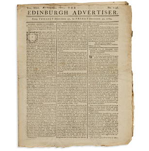 (AMERICAN REVOLUTION--PRELUDE.) Issue of Edinburgh: (AMERICAN REVOLUTION--PRELUDE.) Issue of Edinburgh Advertiser including a thanksgiving proclamation by John Hancock. Pages [417]-424 (issue XXII:48 complete) on one folding uncut sheet. 4to, 11½