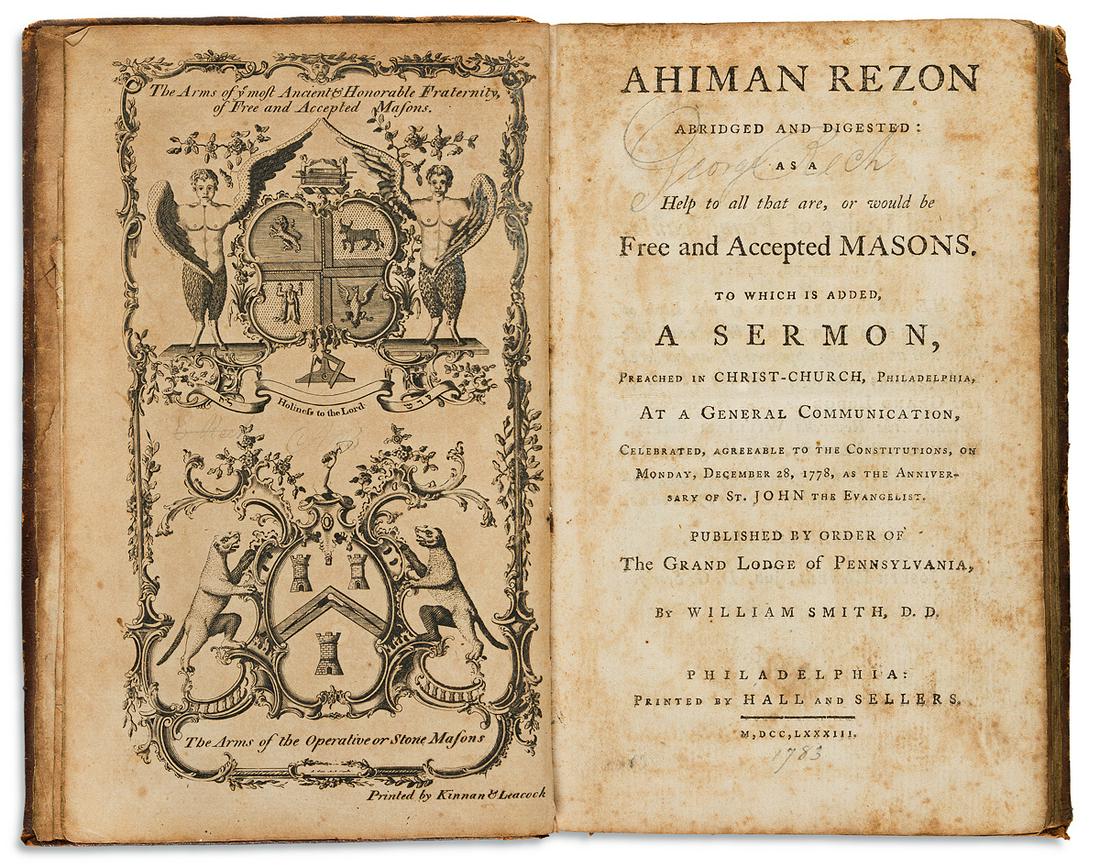(FREEMASONRY.) [Laurence Dermott.] Ahiman Rezon: (FREEMASONRY.) [Laurence Dermott.] Ahiman Rezon Abridged and Digested: as a Help to . . . Free and Accepted Masons. Frontispiece plate. xvi, 166 pages. 8vo, contemporary calf, minor wear; moderate fox