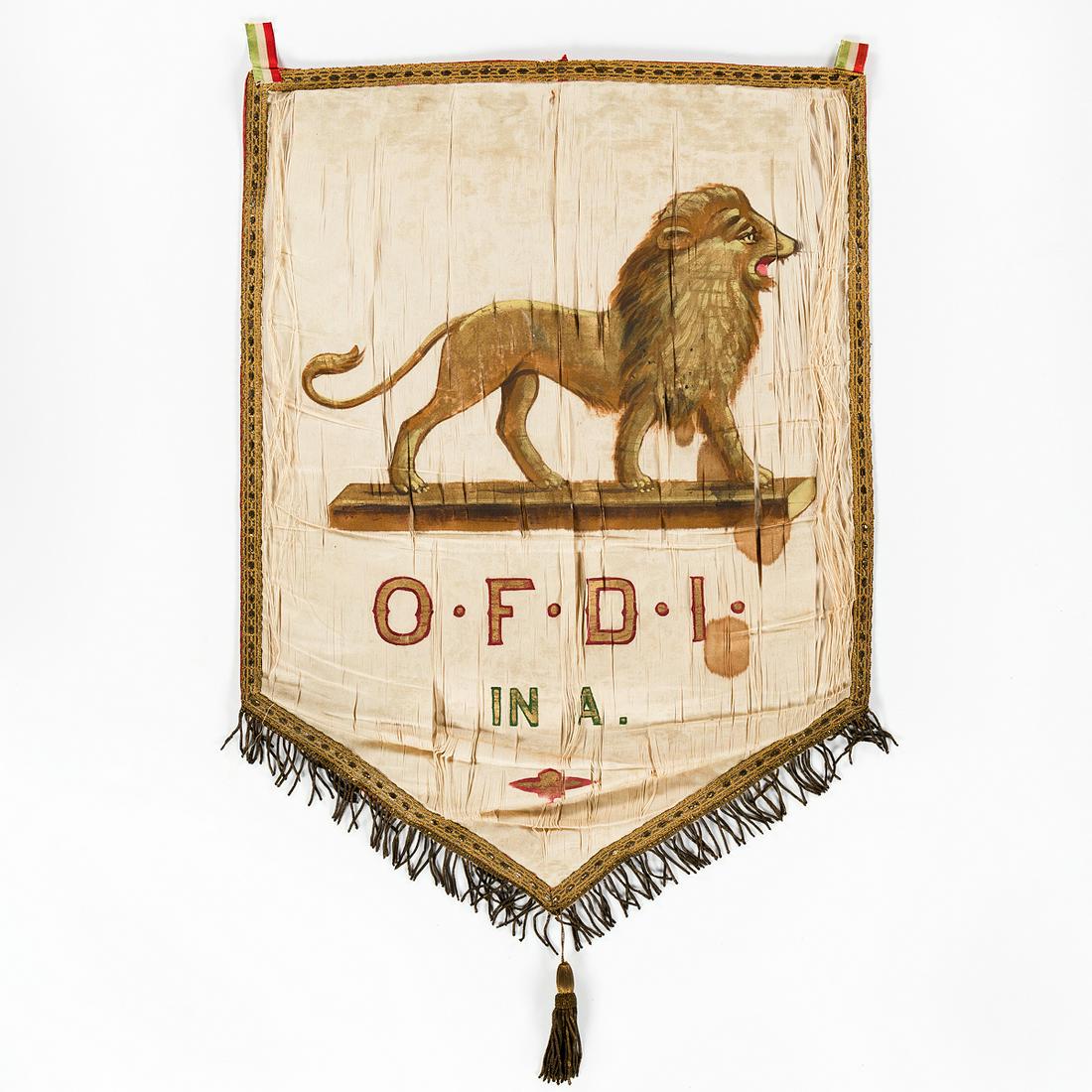 (IMMIGRATION.) Collection of banners, badges, and: (IMMIGRATION.) Collection of banners, badges, and manuals from a Philadelphia lodge of the Sons of Italy. 36 items, various sizes and conditions, in one box. Philadelphia, circa 1920s-40s The Order So