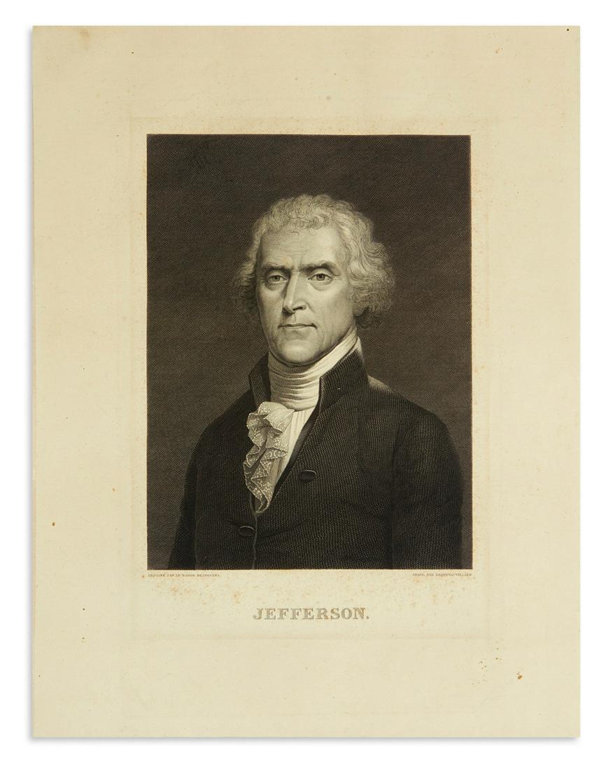(THOMAS JEFFERSON.) Dequevauviller, engraver; after: (THOMAS JEFFERSON.) Dequevauviller, engraver; after Desnoyers. Jefferson. Engraving printed chine-collé on 14 x 10½-inch thin paper laid down on a plain 15 x 12½-inch sheet; minor foxin