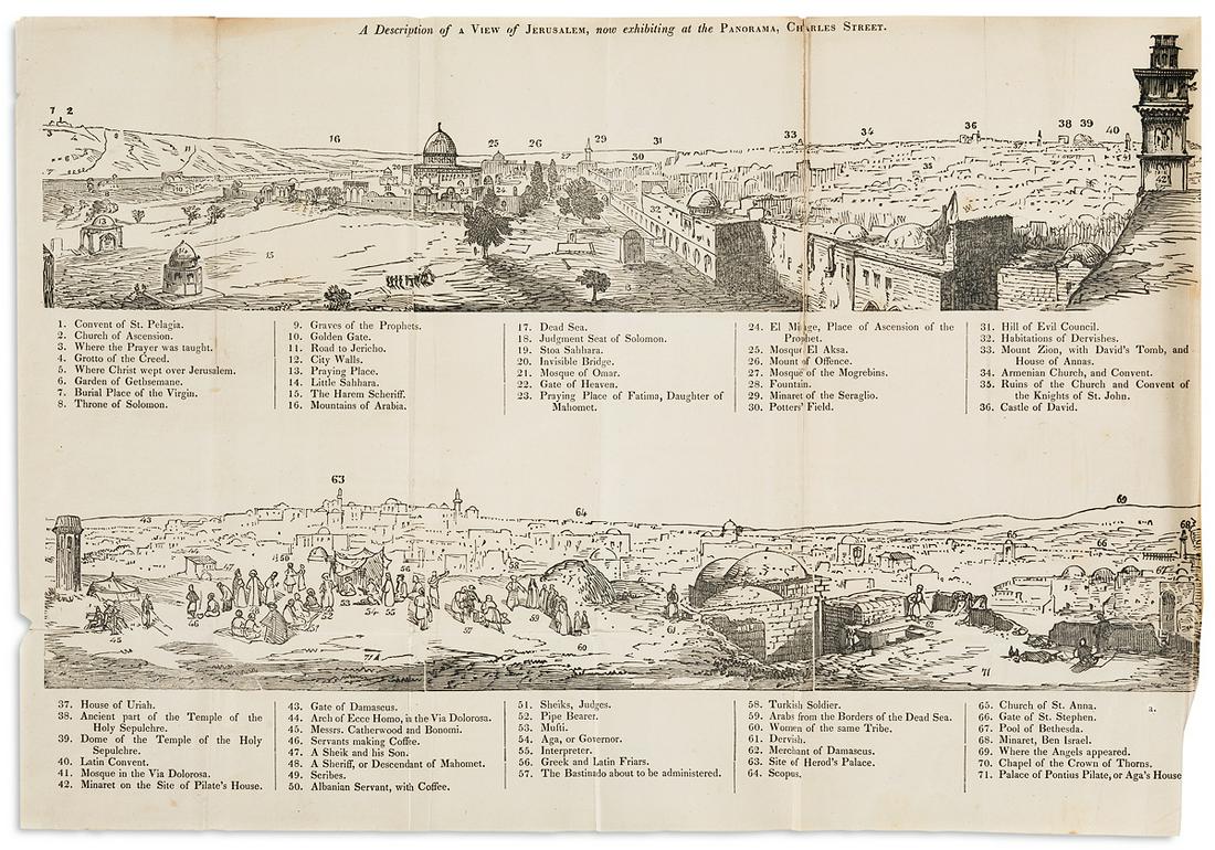 (JUDAICA.) Robert Burford. Description of a View of the: (JUDAICA.) Robert Burford. Description of a View of the City of Jerusalem. Folding plate. 12 pages. 8vo, modern gilt cloth wrappers; short repaired tears to plate, minor foxing. Boston, 1837 Burford p