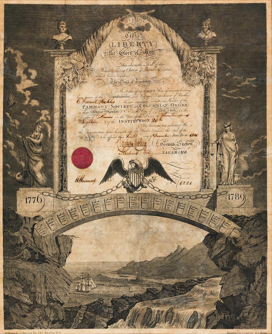 (NEW YORK CITY.) George Graham; engraver. Tammany: (NEW YORK CITY.) George Graham; engraver. Tammany Society membership certificate issued to the notorious Daniel Sickles. Engraving, 25¼ x 19½ inches, completed in manuscript with name of rec