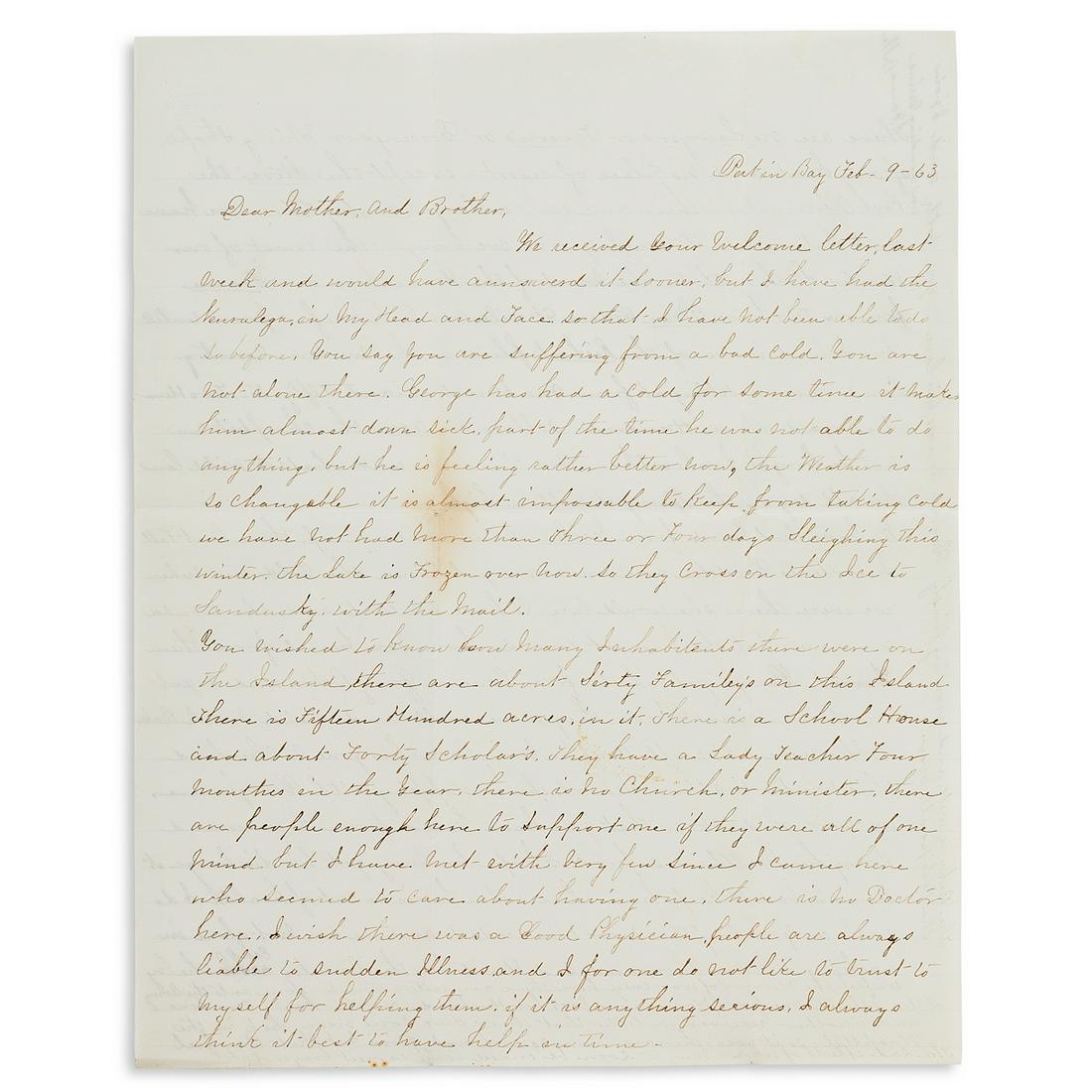 (OHIO.) Letter describing the island village of: (OHIO.) Letter describing the island village of Put-in-Bay. Autograph Letter Signed only as "Bella" to her mother and brother. 2 pages on one sheet, 10 x 7¾ inches; folds, minimal wear. Put-in-Ba