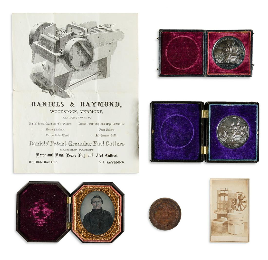 (SCIENCE & ENGINEERING.) Medals, photographs, and: (SCIENCE & ENGINEERING.) Medals, photographs, and circular of Vermont inventor Reuben Daniels. 6 items in one box, circular a bit worn, otherwise condition very strong. Vp, 1850-69 and undated Reuben 