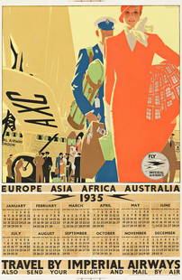 Tom Purvis (1888-1959). TRAVEL BY IMPERIAL AIRWAYS.: TOM PURVIS (1888-1959) TRAVEL BY IMPERIAL AIRWAYS. 1934. 30x20 inches, 77x50 cm. Hudson & Kearns, Ltd., London. Condition B: extensive overpainting in margins, image and text. A calendar for the luxur