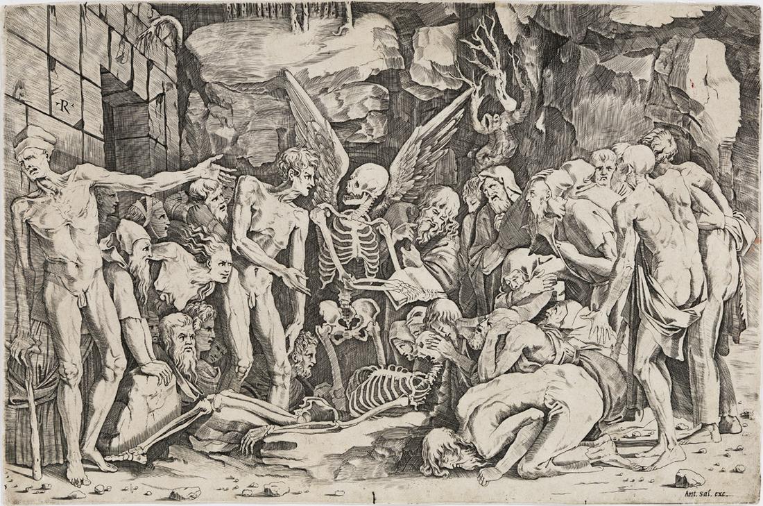 MARCO DENTE (after Rosso Fiorentino) Allegory of Death: MARCO DENTE (after Rosso Fiorentino)Allegory of Death and Fame: The Skeletons.Engraving, circa 1518-25. 285x431 mm; 11¼x17 inches, thread margins. Second state (of 3), with the address of Salaman