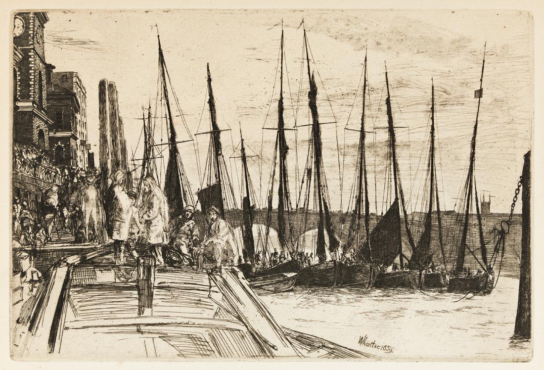 JAMES A. M. WHISTLER Billingsgate.: JAMES A. M. WHISTLER Billingsgate. Etching and drypoint, 1859. 148x224 mm; 5¾x8 inches, full margins. McDonald's ninth state (of 9), before cancellation. A very good impression with strong contra