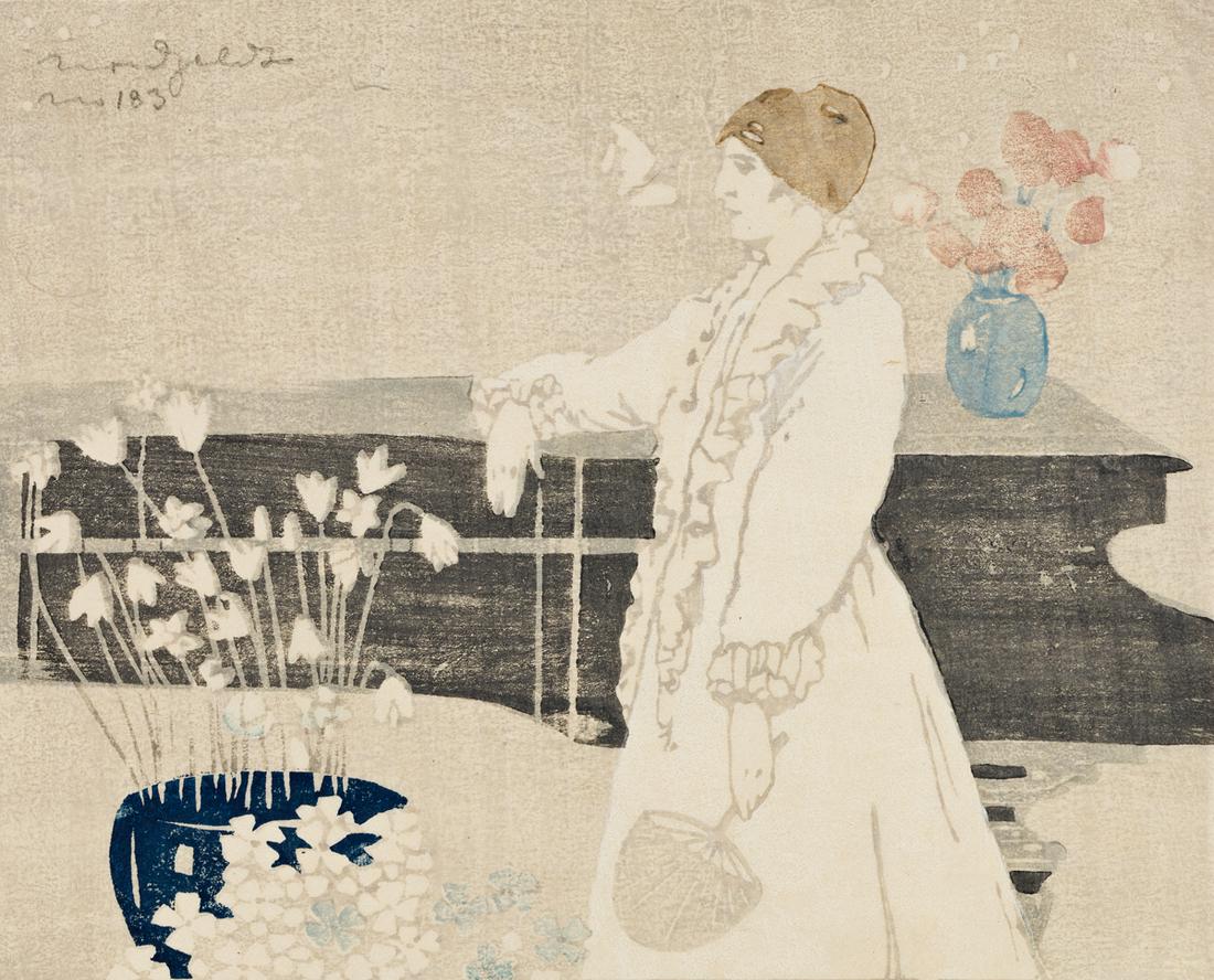 BROR J. O. NORDFELDT The Piano (The White Gown).: BROR J. O. NORDFELDT The Piano (The White Gown). Color woodcut on Japan paper, 1906. 208x255 mm; 8¼x10 inches, full margins. Signed, dated and inscribed "no. 183" in pencil, upper left. A very go