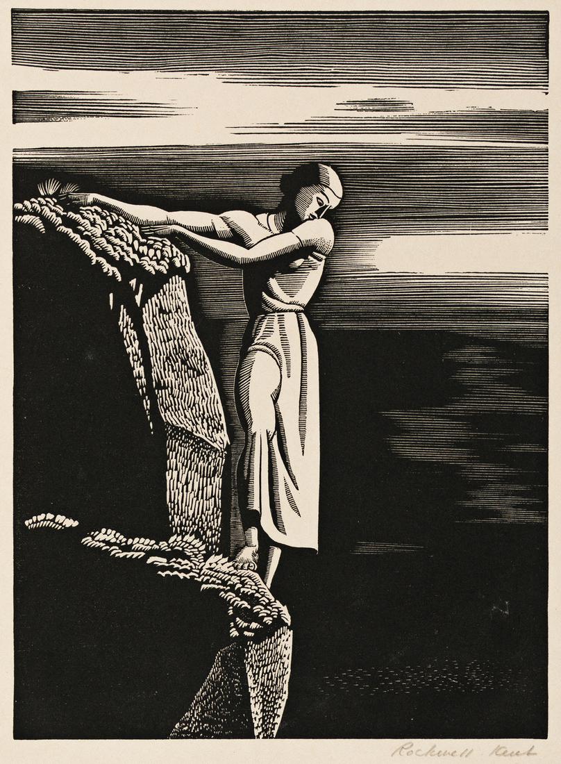 ROCKWELL KENT Girl on Cliff.: ROCKWELL KENT Girl on Cliff. Wood engraving, 1930. 165x122 mm; 6½x4¾ inches, full margins. Edition of 1750. Signed in pencil, lower right. Published by the Literary Guild of America. A very 