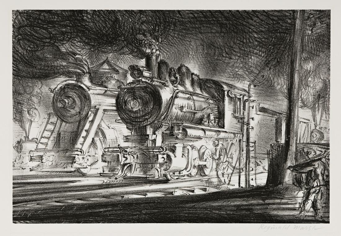 REGINALD MARSH Switch Engines, Erie Yards, Jersey City,: REGINALD MARSH Switch Engines, Erie Yards, Jersey City, Stone No. 3. Lithograph, 1948. 230x340 mm; 9x13½ inches, full margins. Edition of 253. Signed in pencil, lower right. Printed by George C.
