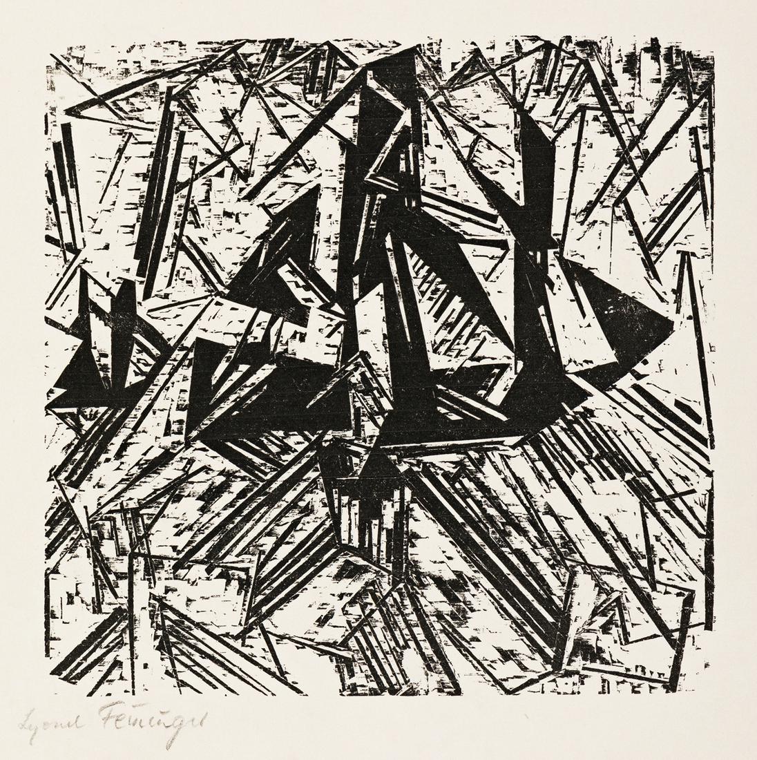 LYONEL FEININGER Barke und Brigg auf See.: LYONEL FEININGER Barke und Brigg auf See. Woodcut on cream laid paper, 1918. 177x180 mm; 7x7 inches, full margins. Second state (of 2). Signed in pencil, lower left. Published by Karl Lang Verlag, Mun