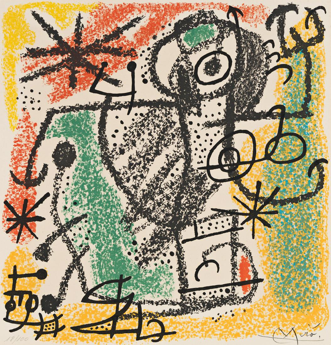 JOAN MIRÓ Les Essencies de la Terra.: JOAN MIRÓ Les Essencies de la Terra. Color lithograph, 1968. 258x252 mm; 10¼x10 inches, full margins. Signed and numbered 18/100 in pencil, lower margin. Printed by Mourlot, Paris. Published