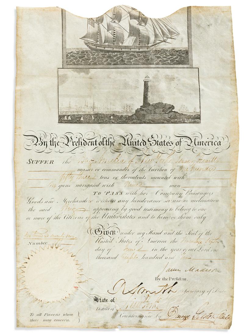 MADISON, JAMES. Partly-printed vellum Document Signed,: MADISON, JAMES. Partly-printed vellum Document Signed, as President, ship's papers for the brig Amelia of New York. Countersigned by Secretary of State Robert Smith. 15x10 inches, scalloped upper edge