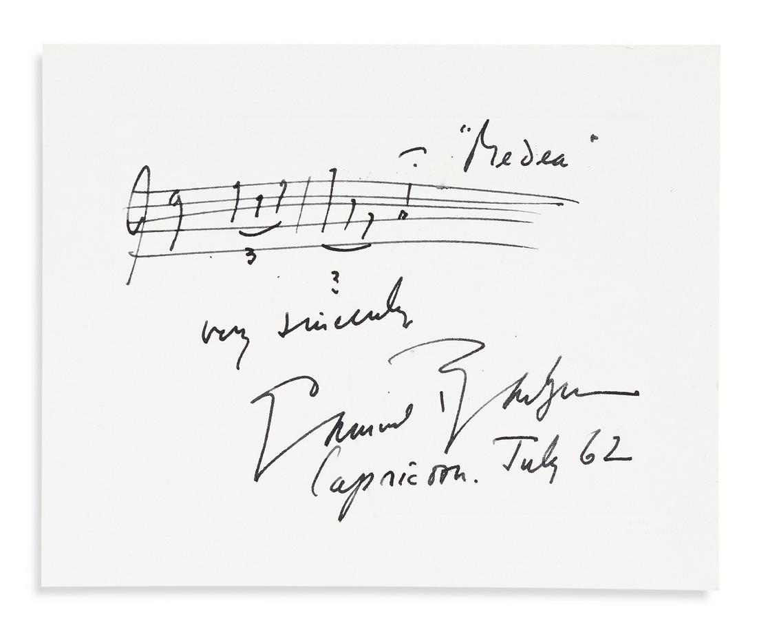BARBER, SAMUEL. Two items: Autograph Musical Quotation (1 of 2)
