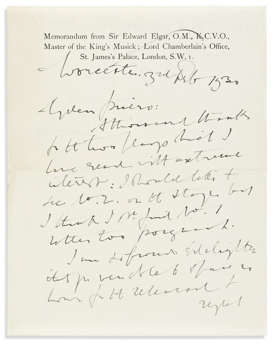 ELGAR, EDWARD. Autograph Letter Signed, "E.E.," to "My (1 of 2)
