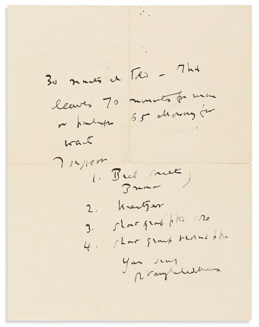 VAUGHAN WILLIAMS, RALPH. Two letters, each Signed, "R (1 of 2)
