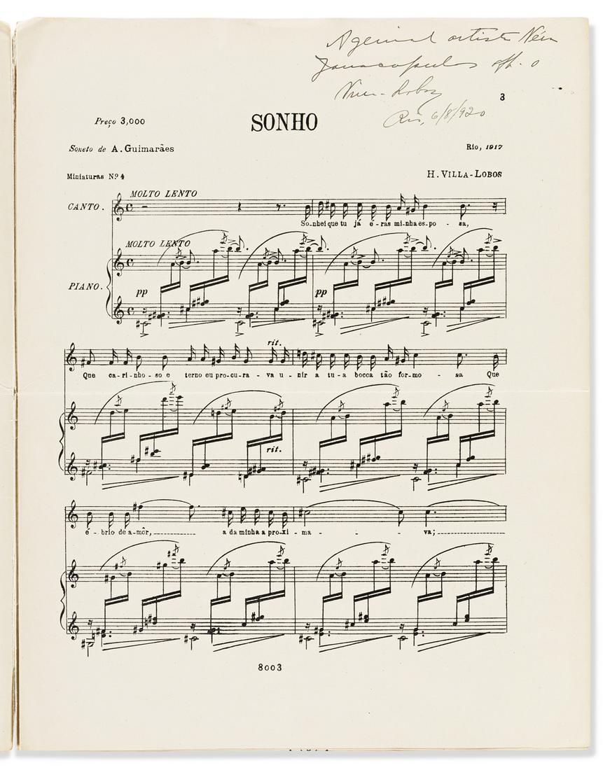 VILLA-LOBOS, HEITOR. Printed piano-vocal score for: VILLA-LOBOS, HEITOR. Printed piano-vocal score for "Sonho" Signed and Inscribed, to "the brilliant artist Neia[?] / Yanacopulos . . . / Villa-Lobos," in Portuguese, on the first page. 7 pages. Folio, 