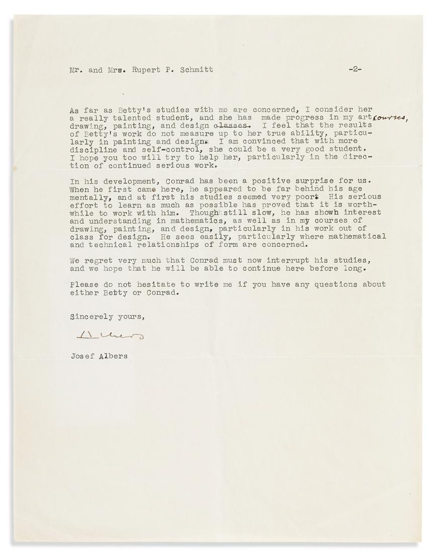 ALBERS, JOSEF. Typed Letter Signed, "Albers," to Mr. (1 of 2)