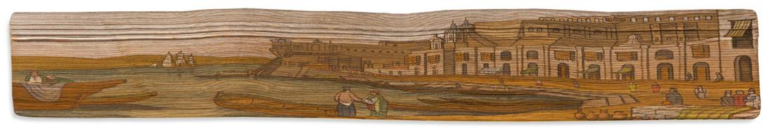 (FORE-EDGE PAINTING.) Byron, Lord George Gordon Noel.: (FORE-EDGE PAINTING.) Byron, Lord George Gordon Noel. Works. 4 volumes. Portrait frontispiece. 8vo, contemporary straight-grain red morocco, decorated in gilt with coat-of-arms central device, spines