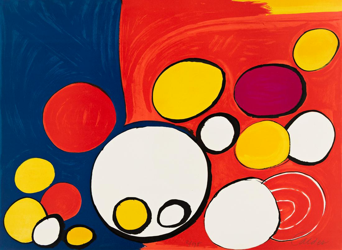 ALEXANDER CALDER Our Unfinished Revolution (Circles).: ALEXANDER CALDER Our Unfinished Revolution (Circles). Color lithograph, 1975-76. 555x760 mm; 21x30 inches (sheet), full margins. Signed and numbered 2/175 in pencil, lower margin. Printed by Mourlot, 