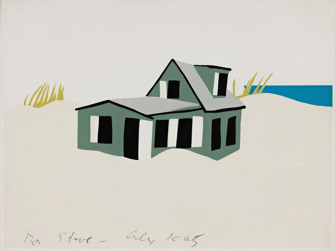 ALEX KATZ Beach House.: ALEX KATZ Beach House. Color screenprint on white wove paper, 1966. 139x184 mm; 5½x7¼ inches, full margins. Artist's proof, aside from the edition of 50. Signed and dedicated "For Steve" in