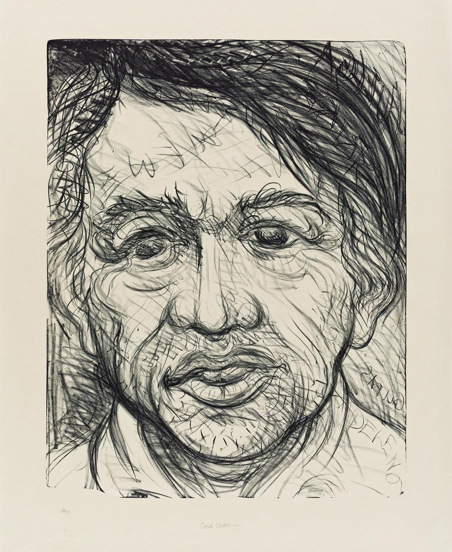 LUIS JIMÉNEZ César Chávez.: LUIS JIMÉNEZ César Chávez. Lithograph on vellum, 2008. 705x555 mm; 27¾x21¾ inches, full margins. With the artist's estate blind stamp lower left. Titled and numbered 38/70 in