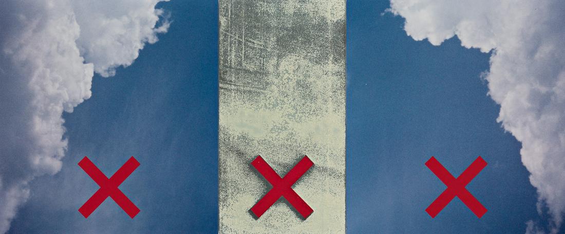 ROBERT LONGO Three Strikes and You're Out.: ROBERT LONGO Three Strikes and You're Out. Triptych with 2 aluminum plates with C-print and color screenprint and one lead plate with color screenprint, 1990. 250x600 mm; 9x23 inches (size overall). S