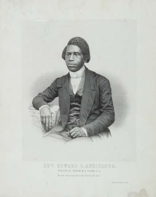 (RELIGION.) Portrait of Rev. Edward C. African: (RELIGION.) Portrait of Rev. Edward C. Africanus, Minister of A. M. E. Church U. S. Lithographed half-length portrait by Tappen & Bradford, 14 3/4x11 1/2 inches sight size; small stain in the lower ri