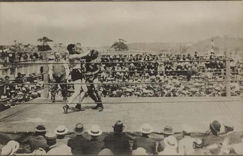 (SPORTS-BOXING.) Johnson, Jack. Group of 3 pho: THE GREAT WHITE HOPE. (SPORTS-BOXING.) Johnson, Jack. Group of 3 photographs of the fight between Jack Johnson and Jess Willard in Havana in 1915. Silver prints, 7x10 inch format; mounted to heavy bo