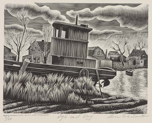 LOU BARLOW, High and Dry.: LOU BARLOW, High and Dry. Wood engraving, 1939. 155x203 mm; 6 1/8 x 8 inches, full margins. Signed, titled and numbered 3/50 in pencil, lower margin. Published by the Federal Arts Project, WPA, New Yo