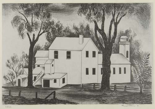 KONRAD CRAMER Untitled (Country Architectural): KONRAD CRAMER Untitled (Country Architectural). Lithograph on pale gray chine collé on heavy cream wove paper, 1931. 284x365 mm; 9 3/4x14 3/8 inches, full margins. Edition of 35. Signed and numbered