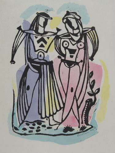 KONRAD CRAMER Untitled (Medieval Couple).: KONRAD CRAMER Untitled (Medieval Couple). Relief print with hand coloring in watercolor on cream wove paper mounted on thin cardstock, 1954. 324x235 mm; 12 3/4x9 1/4 inches, full margins. Signed and d