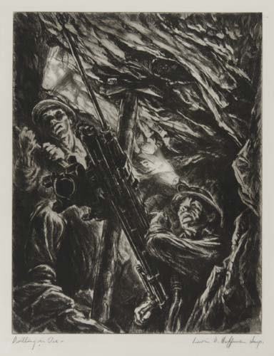 IRWIN D. HOFFMAN Drilling in Ore.: IRWIN D. HOFFMAN Drilling in Ore. Etching, circa 1935 351x273 mm; 13 3/4x10 3/4 inches, wide margins. Signed and titled in pencil, lower margin. A superb, richly-inked impression. All items are o