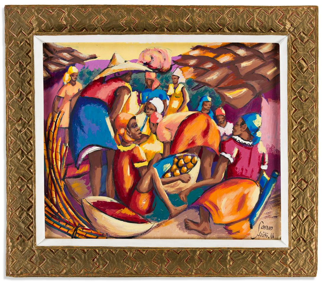 PETION SAVAIN (1906 - 1973) Les Marchandes de Bamboo.: PETION SAVAIN (1906 - 1973) Les Marchandes de Bamboo. Oil on masonite board, in a hand-carved wooden frame, 1966. 508x610 mm; 20x24 inches. Signed and dated in oil, lower right.Provenance: acquired di