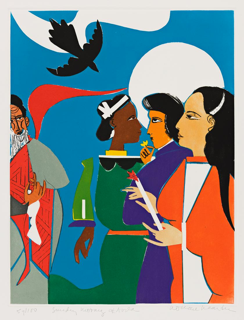 ROMARE BEARDEN (1911 - 1988) Sunday Morning at Avila.: ROMARE BEARDEN (1911 - 1988) Sunday Morning at Avila. Color etching and aquatint, 1980. 762x566 mm; 30x22 inches, full margins. Signed, titled and numbered 59/100 in pencil, lower margin. Gelburd/Rose