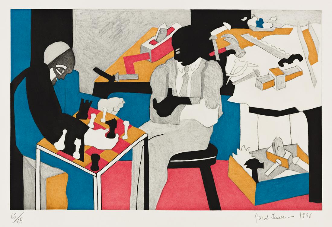 JACOB LAWRENCE (1917 - 2000) Two Builders Playing: JACOB LAWRENCE (1917 - 2000) Two Builders Playing Chess. Color soft-ground etching with aquatint on Somerset paper, 1996. 273x426 mm; 10x16 inches, full margins. Signed, dated and numbered 65/65 in pe