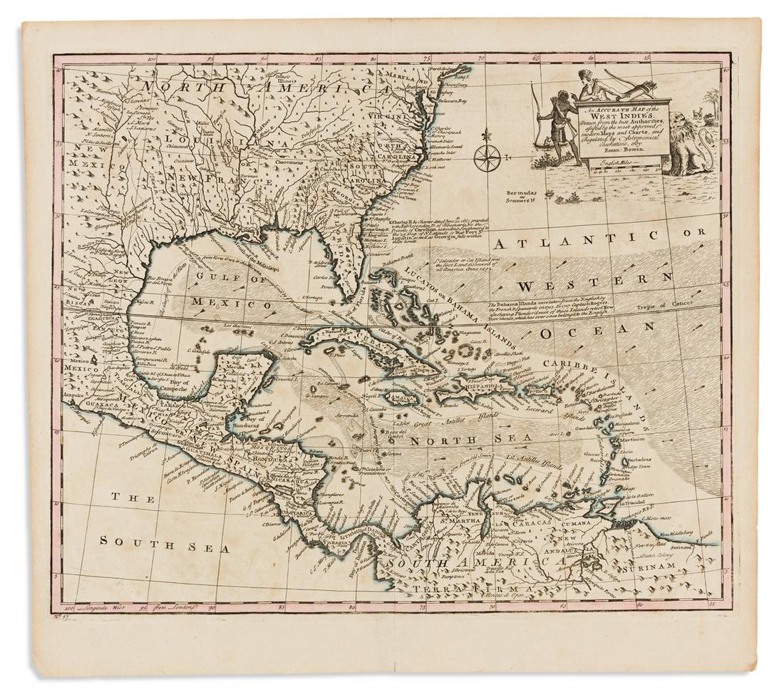 BOWEN, EMANUEL. An Accurate Map of the West Indies.: BOWEN, EMANUEL. An Accurate Map of the West Indies. Double-page engraved map of the North American southeast, Mexico, Central America, and the Caribbean with anecdotal text passages and allegorical fi
